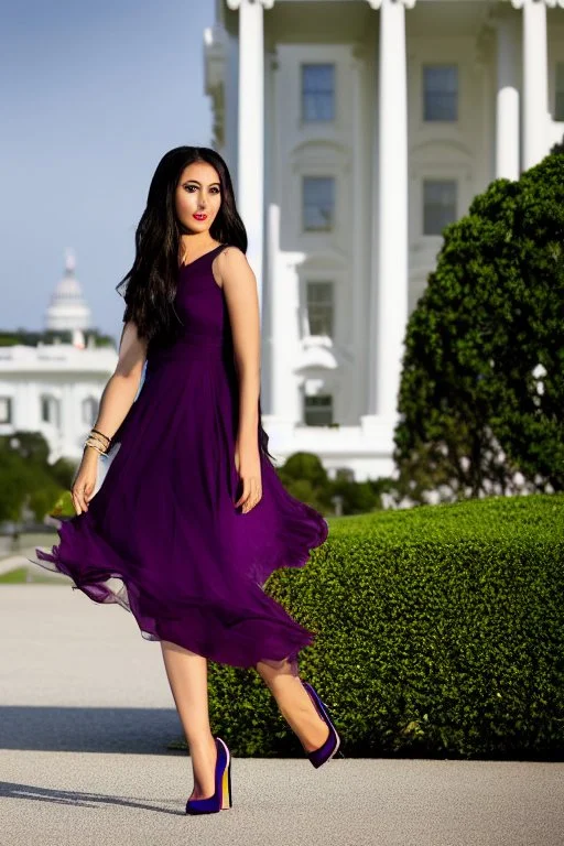 full body long shot of beautiful Tajik woman with make up ,high heels,pretty body shape ,standing nice high heels Tajik in street next to white house, hair in the wind, the gaze lost. diamonds and precious stones. fog. candy. pleasing rainbow colors to look at. high resolution. Perfect face. long shot ,sharp focus background ,camera :f/22 , White Hose be in sharp focus .