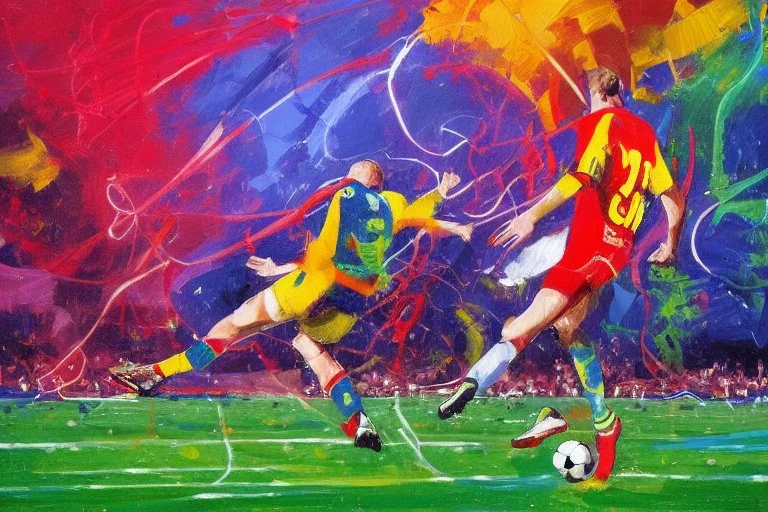 Oil painting, football match, the striker is kicking a goal, the ball is flying, bright but not neon colours, dynamic lines, dynamic blobs, spots, lines in the background of the character, like a colour explosion