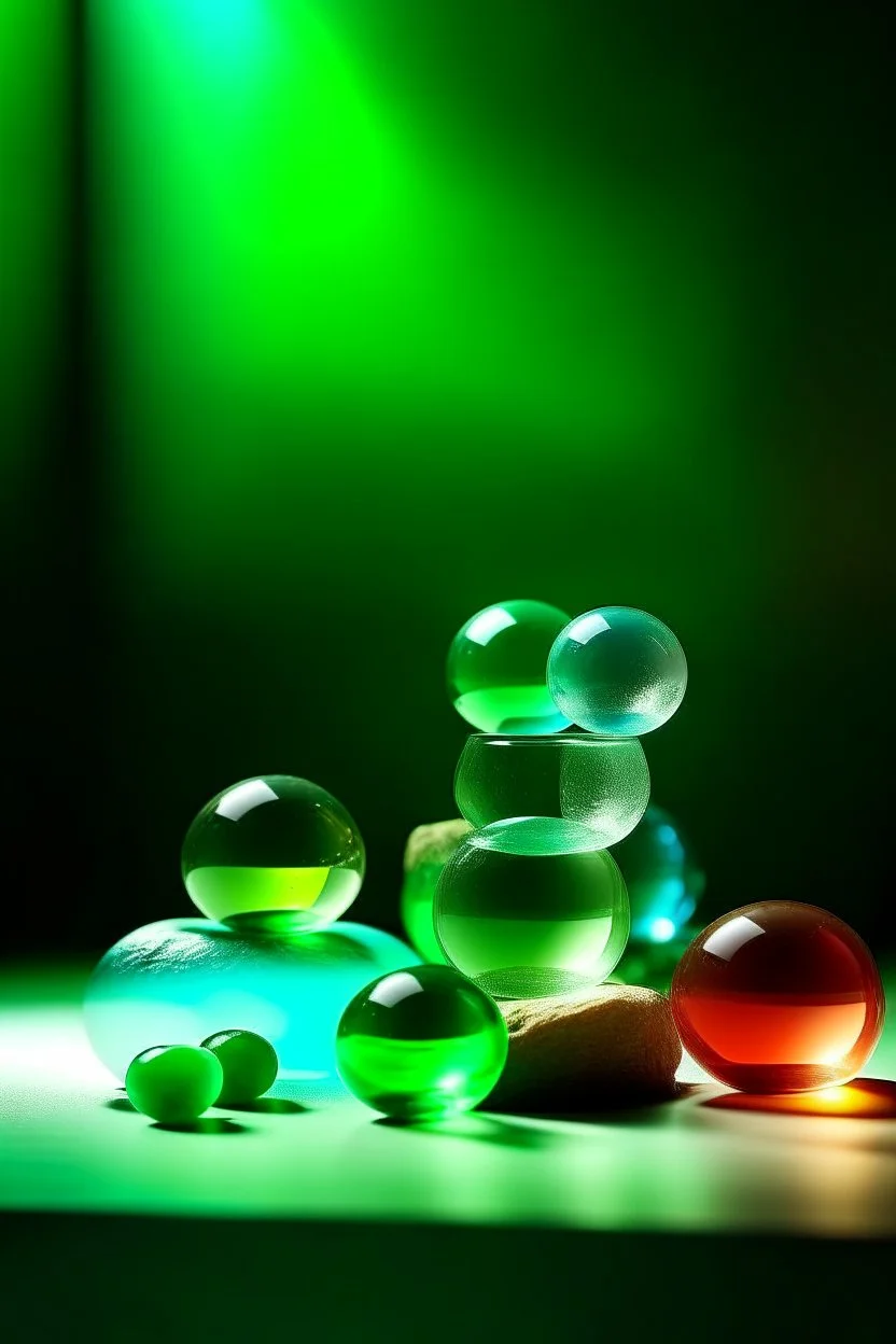 glass balls of different sizes balance on large and small stones of different colors, behind a light green background and a bright glow