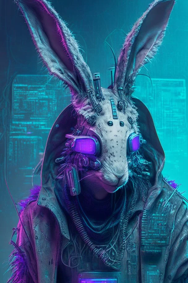 portrait of a cyber punk rabbit hacker humanoid