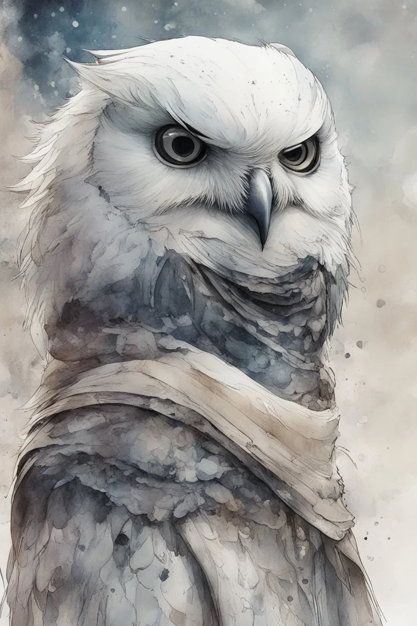 ink wash and watercolor illustration of a whimsical hybrid Snowy Owl girl concept character, with highly detailed feathers and facial features in the comic book style of Bill Sienkiewicz and Jean Giraud Moebius, with a fine art aesthetic, highly detailed , boldly inked, 4k UHD cinegraphic quality