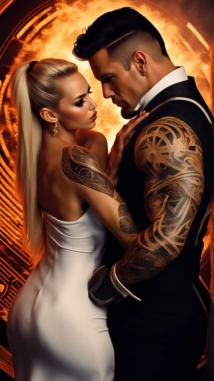 Jason david frank muscular male with short dark hair and tribal tattoos wearing a designer suit, whispering in ear of young blonde woman wearing white dress. fantasy, hyper realistic