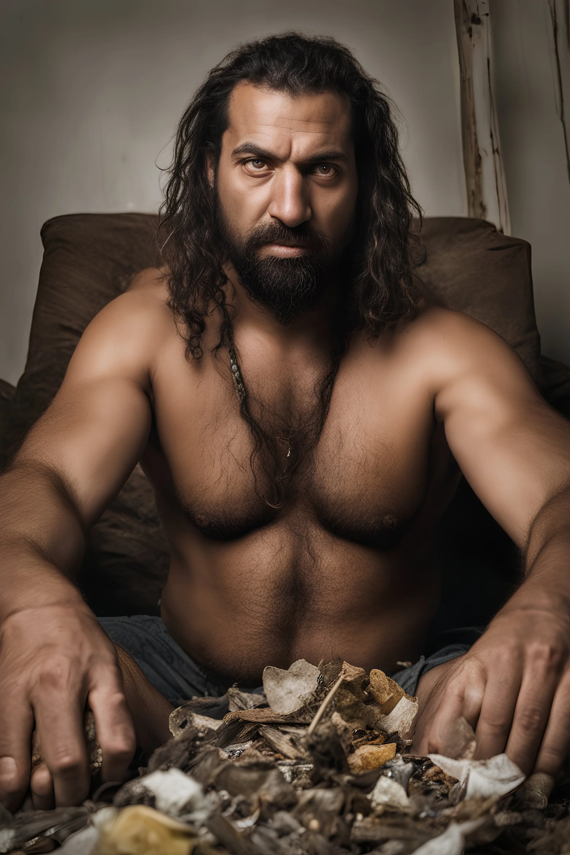 full figure shot photography of a dirty wet sweat strong hairy short beefy burly ,39 years old ugly angry arab , big nose, bull neck, short beard, dreadlocks, shirtless, manly chest, big belly, bulging shorts, emotive eyes , sitted on a chair relaxed ,belly up ,open legs, on a pile of garbage, angry eyes, big shoulders, side light, top view, aerial view