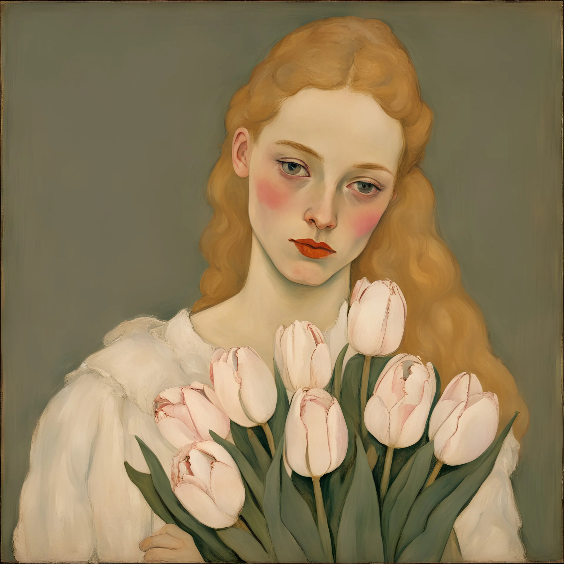 A portrait of a young blonde woman holding a bouguet of white and pink tulips pressed to her chest painted by Schiele