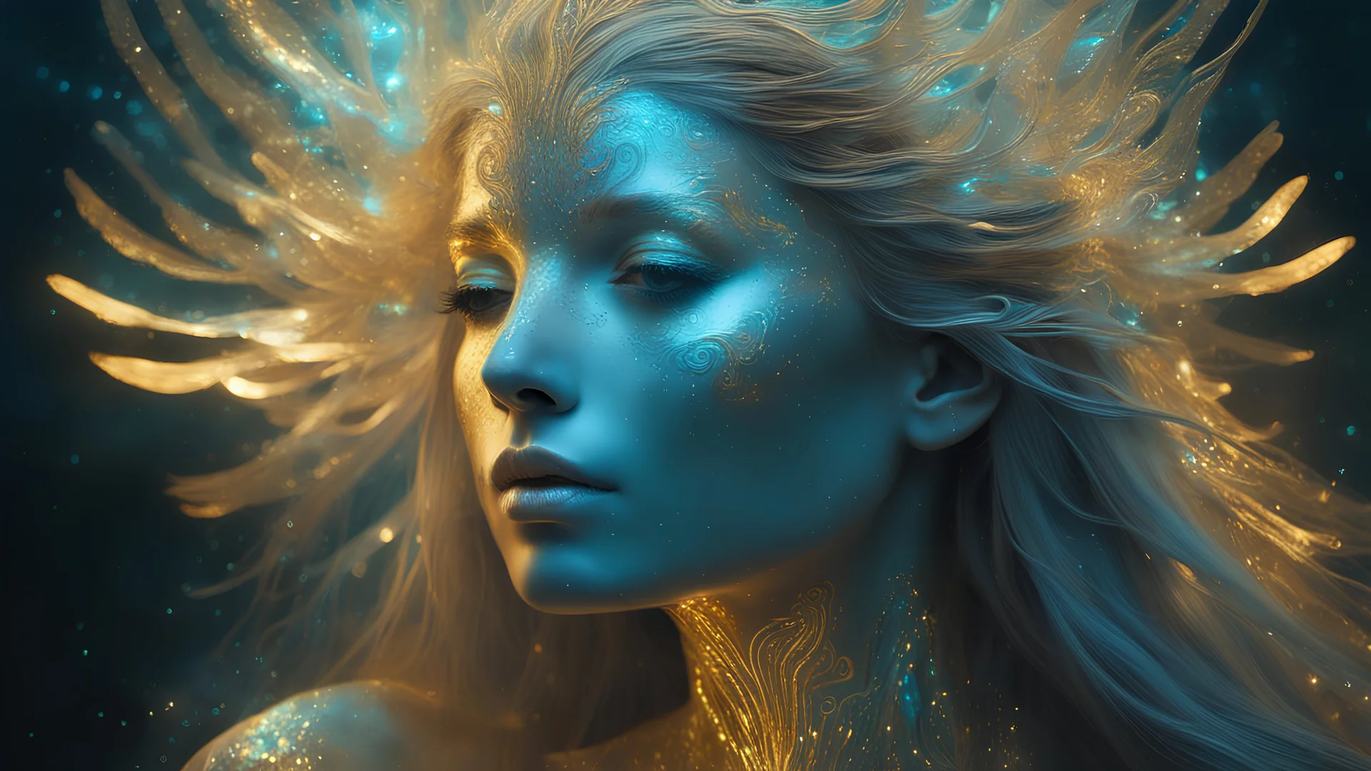 Photo in bioluminescent art style depicting a divine bird woman, embossed, double exposure, bird, Bioluminescent wet translucent glowing skin, ethereal glowing eyes, long neck, bird, perfect face in ultra-realistic details, gold, flowing hair, Composition imitates cinematic film with dazzling, golden and silver lighting effects. Intricate details, sharp focus, crystal clear skin create high detail. 3d, 64k, high resolution, high detail, computer graphics, hyperrealism, f/16, 1/300 sec. digital p