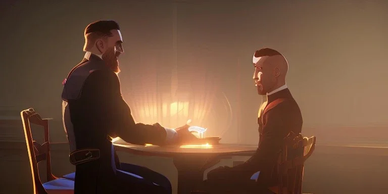 two men speaking while seated on a table in a room, bright light, high exposure