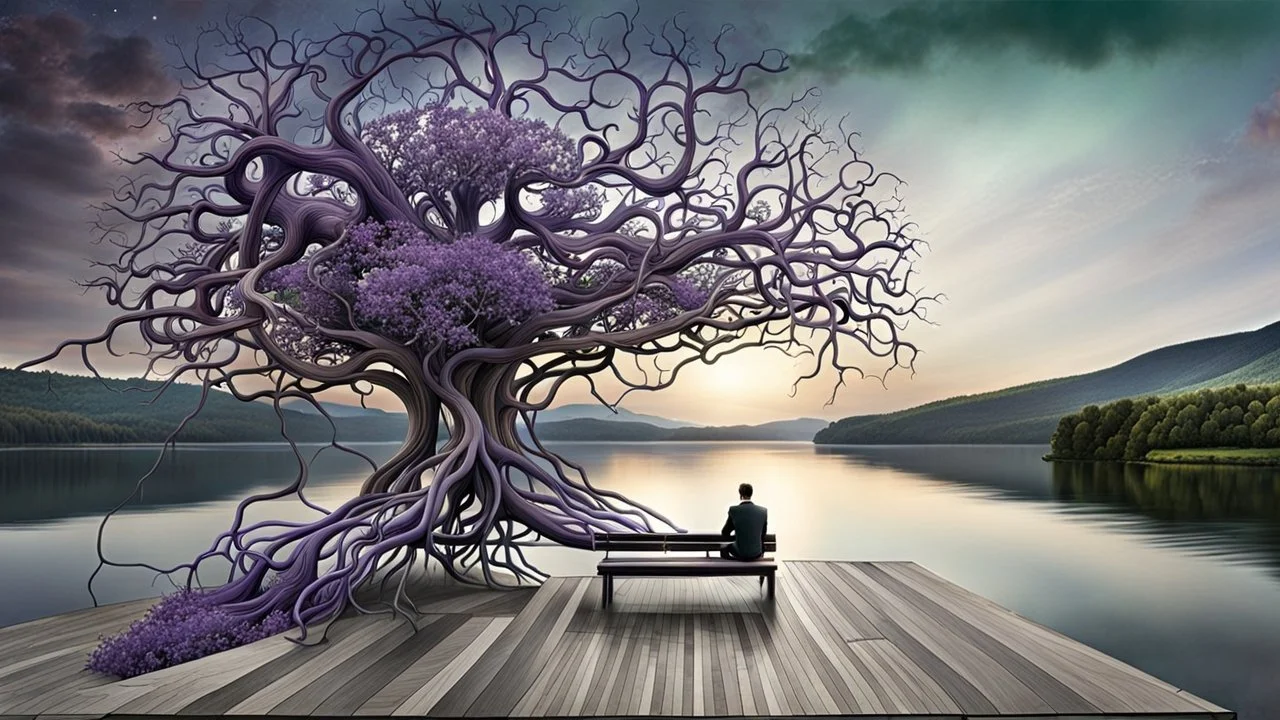 back to the camera a figure sittings on amorph shape bench in a beautiful landscape and overlooking the water of the nearby lake, calm, harmonious atmosphere, muted dark colors, purple, white, gray, green, blue, brown, silver, black , ,not too colorful colors, Whimsical style and giant stunning neuron network all over the sky, half shadow and half light abyss, surreal stunning vibe