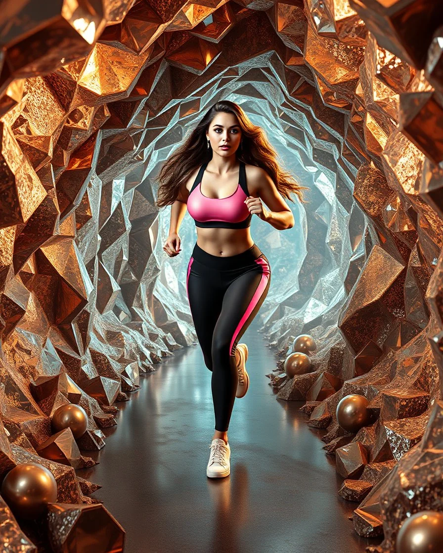 make a picture pretty cave made of crystal and metallic 3d fractal recursive cubic and sphere base structures and a beautiful fashion model lady with cute,curvy long hair,makeup, in pretty sports suit is running inside cave ,dynamic camera fallow her inside cave capturing full body, dynamic lights.