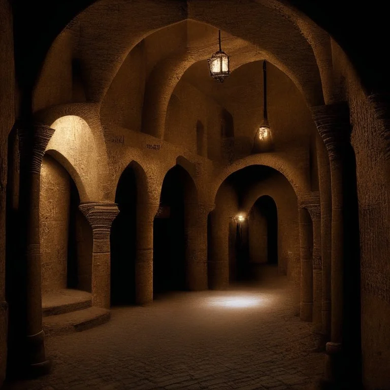 in an dark underground city with pueblo, greek, and islamic architecture