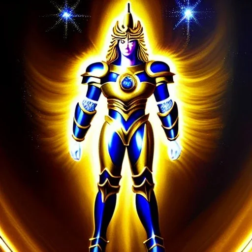 ultra detailed fullbody Portrait in oil on canvas of Saint Seiya`s Taurus Aldebaran with Gold Armor ,extremely detailed digital painting, extremely detailed face,crystal clear Big eyes, mystical colors ,perfectly centered image, perfect composition,rim light, beautiful lighting,8k, stunning scene,extremely sharp detail,finely tuned detail, ultra high definition raytracing, in the style of Simon Bisley.