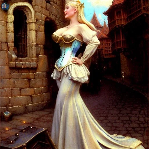 fullbody portrait 'beautiful blonde busty medieval woman on street in medieval city',corset,painting by gaston bussiere, greg rutkowski, yoji shinkawa, yoshitaka amano, tsutomu nihei, donato giancola, tim hildebrandt, oil on canvas, cinematic composition,sharp image, extreme detail,((fit full head inside picture)),32k