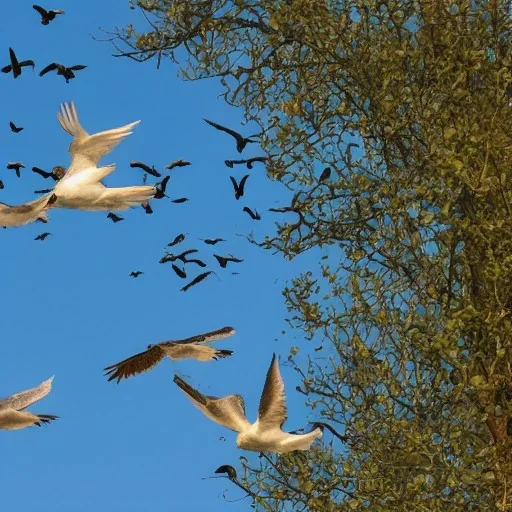 The turtle looks at the sky with a flock of birds