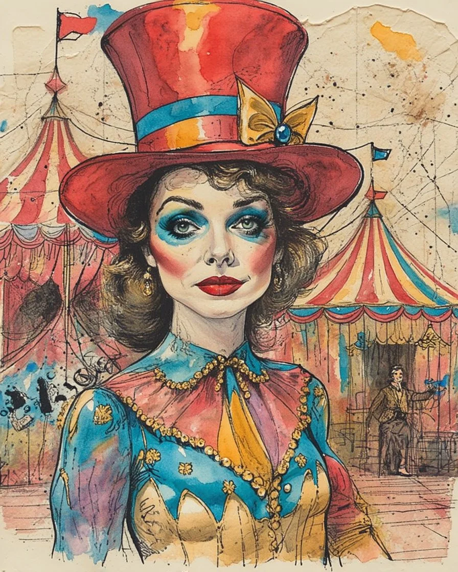 Masterpiece, a delicate ink and watercolor wash rendering on rough handmade paper. A vibrant and imaginative collage unfolds, blending vintage circus charm with surreal whimsy. At its heart stands a glamorous circus performer, wearing a colorful, patterned bodysuit rendered with intricate ink lines and layered washes of sapphire, crimson, and gold. A tall, red top hat crowns her head, sketched with bold strokes and rich scarlet hues. Behind her, a classic circus tent rises, its stripes suggested