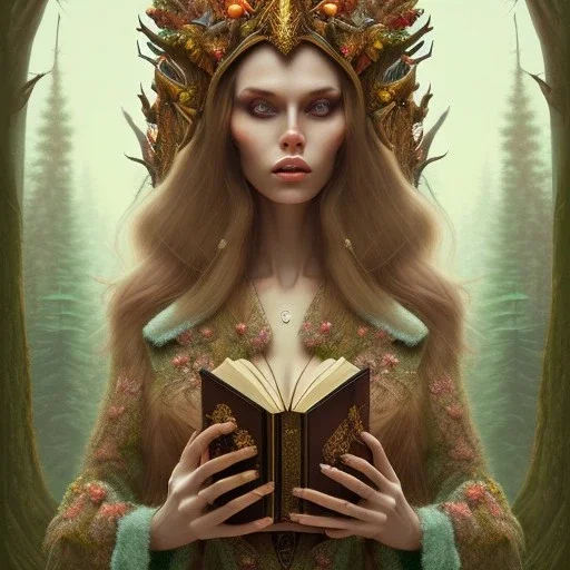 crazy detail, forest background, upper body of grand scam sleazy lady in robes, lively eyes,hidden hands, framed by foliage, brown eyes, long hair, warm light,helmet, holding up hands, book cover illustration art