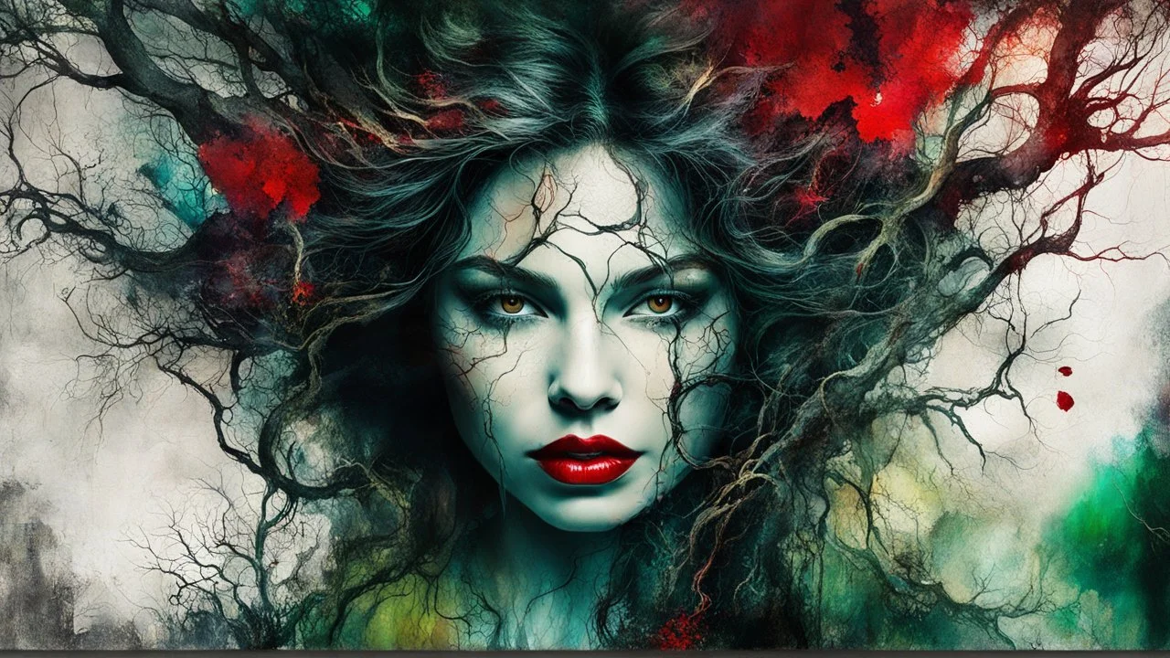 old worn torn, multi-layered cracked canvas, fine detailing with alcohol ink, Captivating realistic painting of a WOMAN, fair face, red lips, splashes of color, HORNS, FANGS, BLOODY TEARS, Multiple exposure, fluffiness, her face is illuminated, her hair merges with swirling fractal vines and tree roots, dark green foliage, symbolizing the unity of strength and wild nature. Flowing hair dissolves into intricate, endless patterns, as if they are protectors and part of the same organic force. Moon