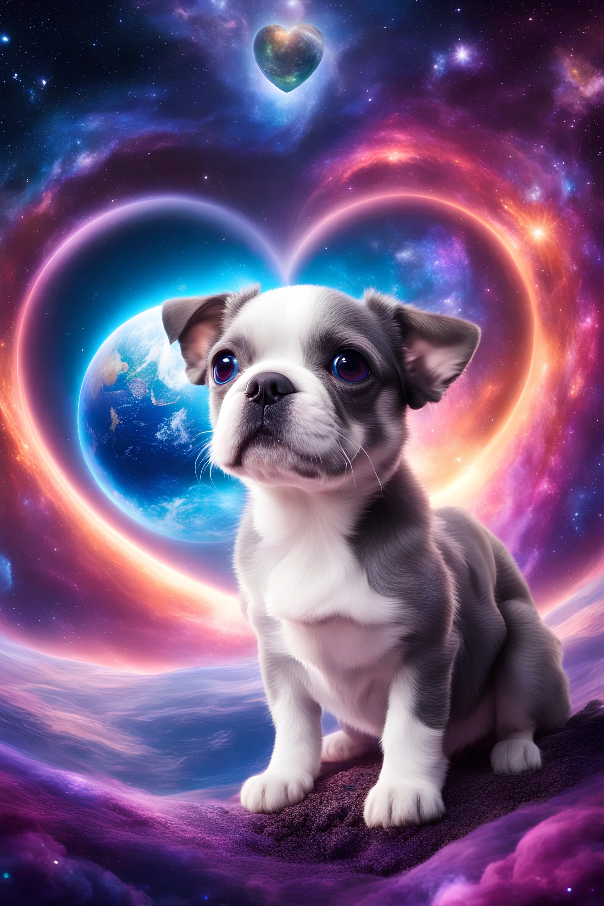 large eyed happy puppy grey frenchton in the distance a colorful intricate HEART shaped planet similar to earth in a brig ażht nebula, sparkles, cinematic lighting, vast distances, swirl, fairies, magical darkness, sharp, depth, jellyfish, cinematic eye view