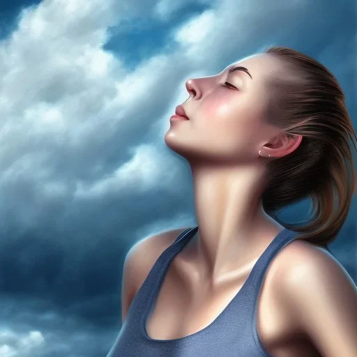 A woman looking at the clouds potrait sadly, realistic, digital art