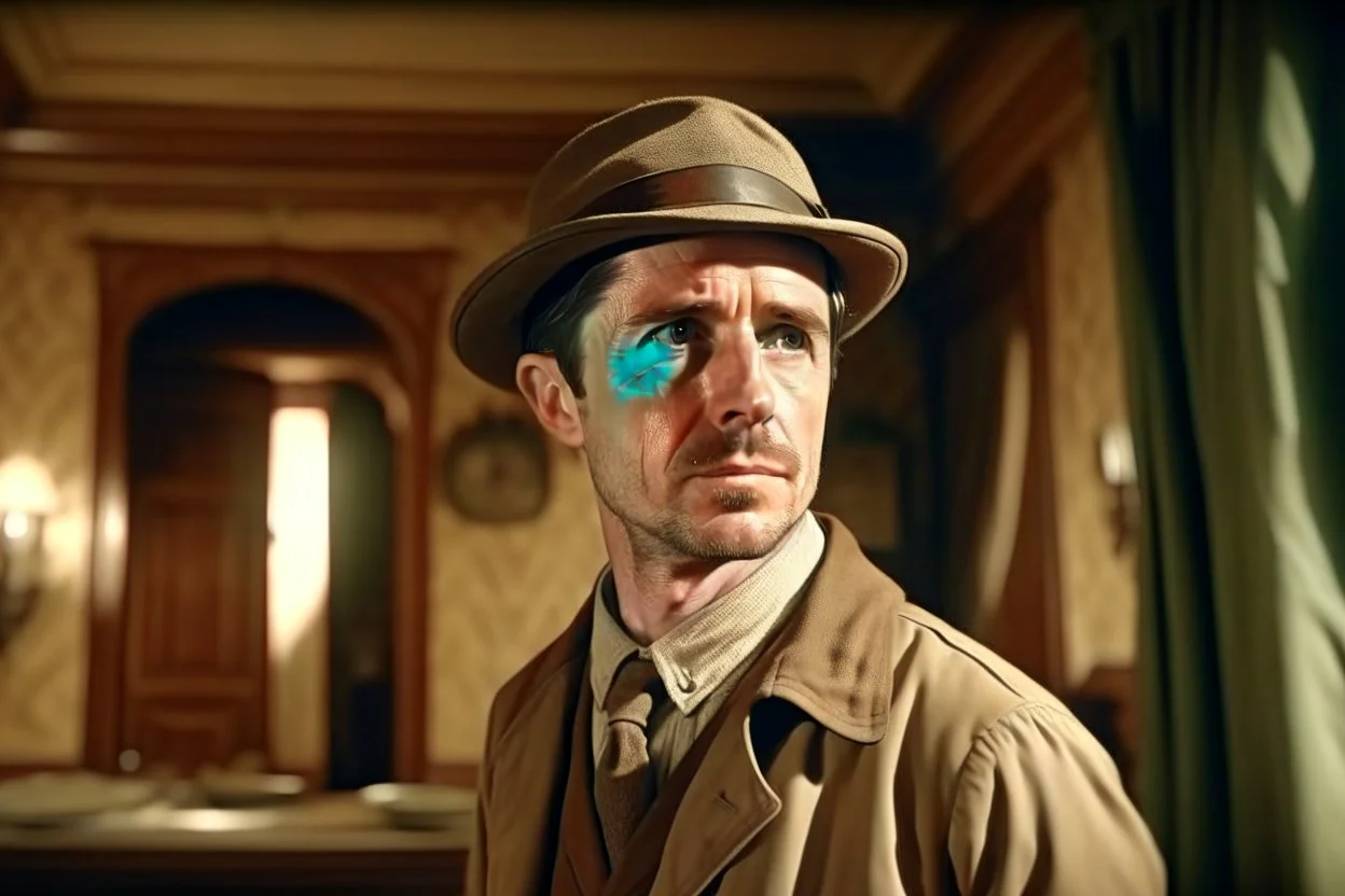 ww1 archeologist talking close-up standing up looking to the camera, inside mansion room background, heterochrome eyes, normal color pallete