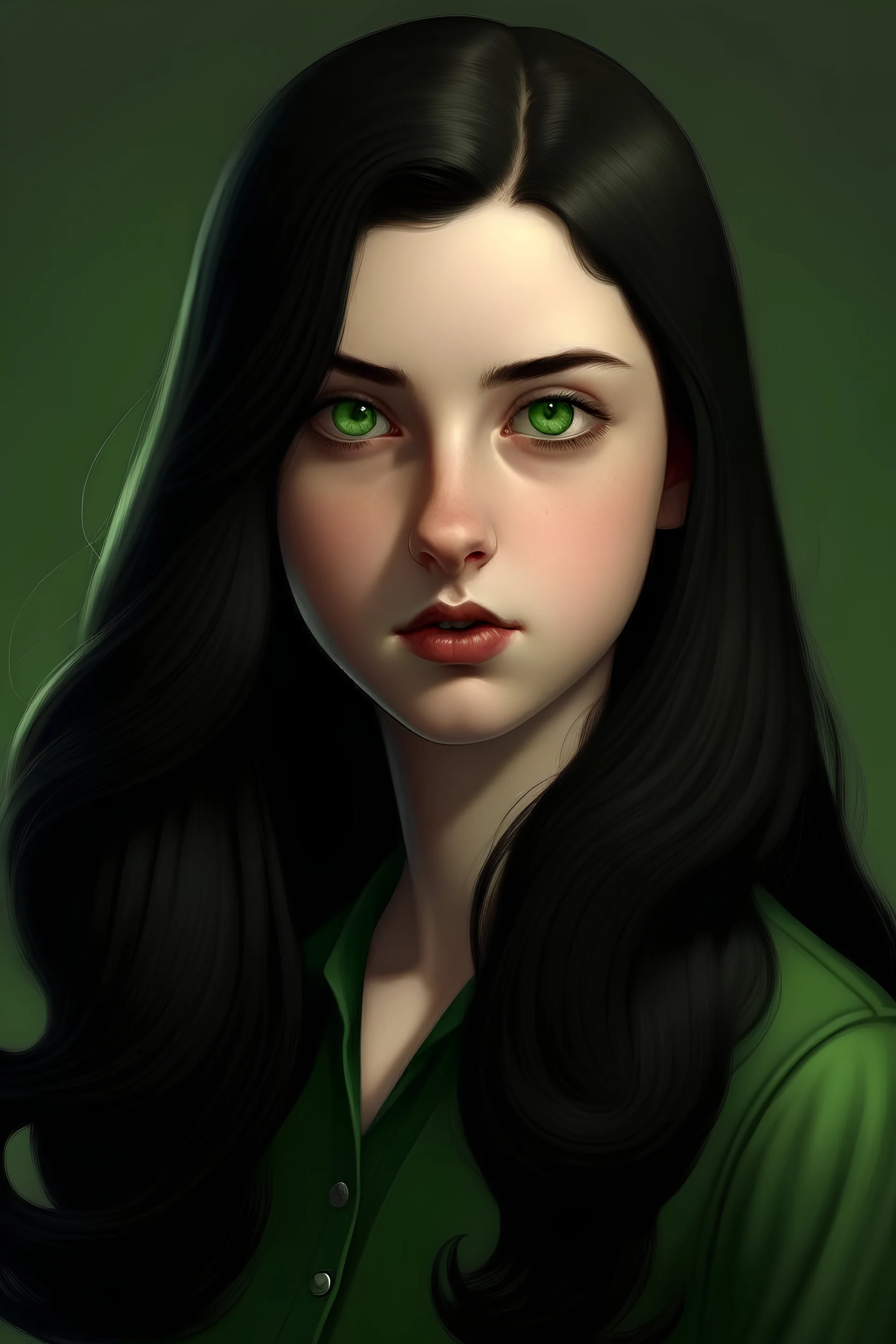 a 16 year old English girl from the 1940s with long, straight, sleek black hair, and green eyes realistic