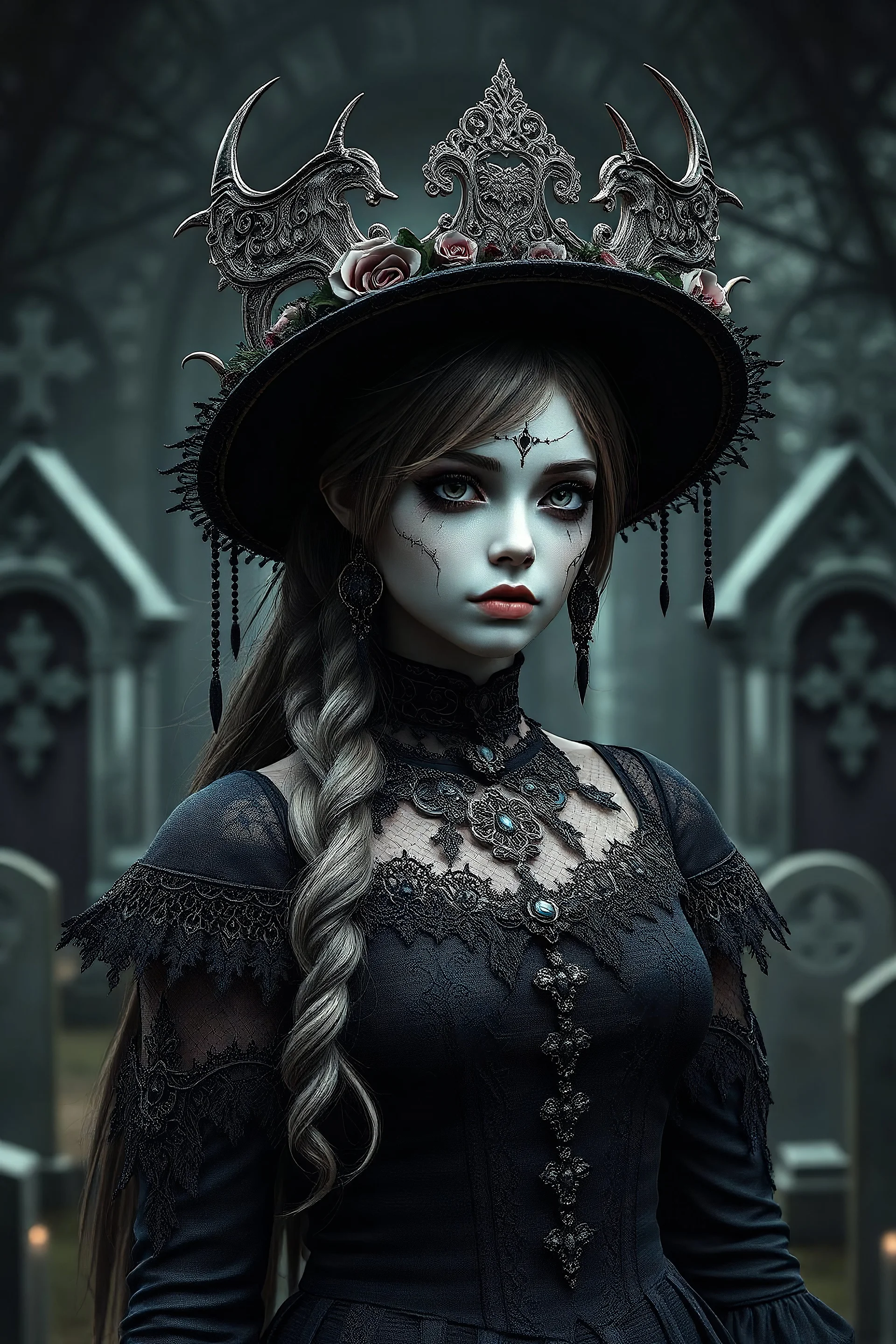 Create me headshot from Arcane as a gothic girl she has a hat majestic, highly intricate gigantic, standing in front of cemetery crypts behind her Realistic photography, incredibly detailed, ultra high resolution, 8k, complex 3d render, cinema 4d.