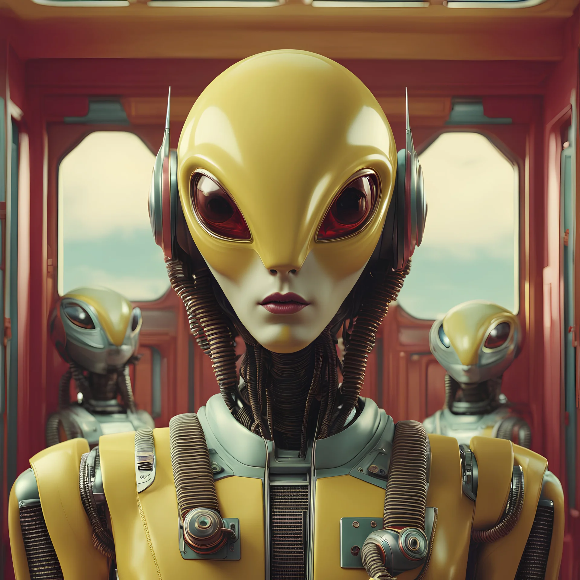 Alien retro computer robot portrait photo, pastel colors, yellow, red, photographed by Jamie Baldridge, film still from wes anderson, medium shot fashion, award winning photography, arty pose, fashion, high definition, high resolution, muted colors, volumetric lighting, 8k, 3d render