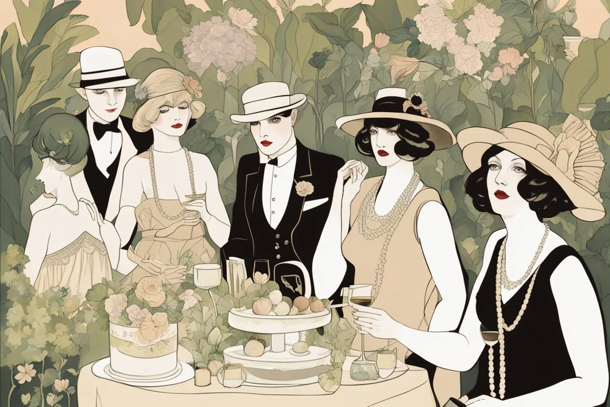 a decadent garden party in the 1920s at night, by artist "Ingrid Umber",by artist "Sienna Lamberts"