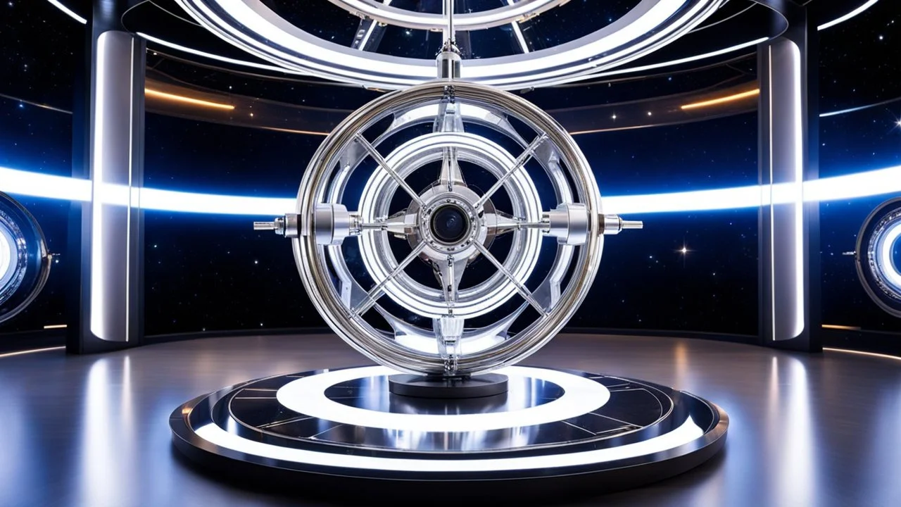 picture of a very huge real working physic based gyroscope with mirror surfaces in a inter star environment ,a very pretty lady with modern future clothing boots standing on main turning disk of gyroscope.1x1.