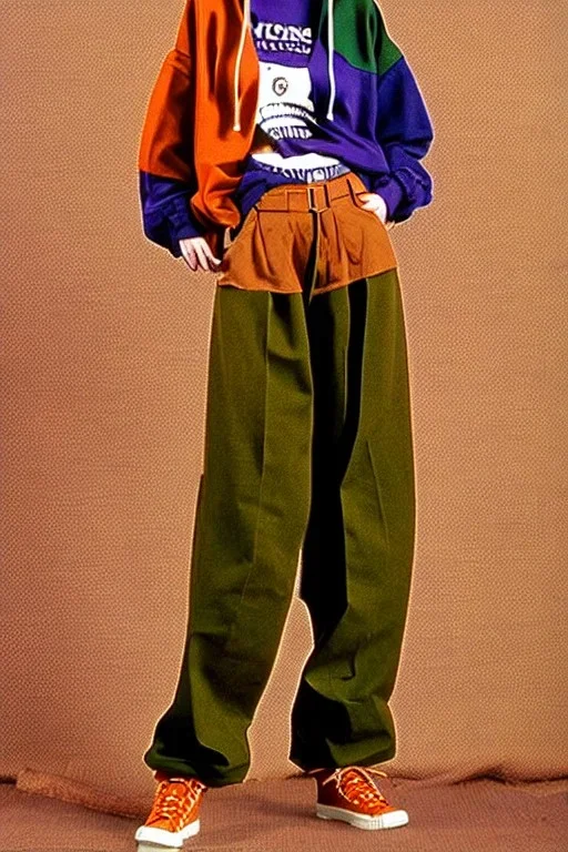 year 1994 women fashion. Loose fit, "combat suit trouser" with low waist, baggy, Combat pants, t-shirt and interesting hoodie with high tippet. Colors: denim blue, blue, purple, khaki, "light and bright green", lilac, plum, orange, terracotta, red, pink, dark blue, beige. Women models. Starling pattern prints.Jennifer Lopez, Gwyneth Paltrow, . Big tennis shoes on. Cargo pants.