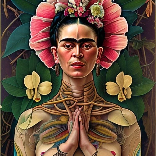A beautiful portrait of Frida Kahlo by alphonse mucha, japanese tatoos, 4k, high details
