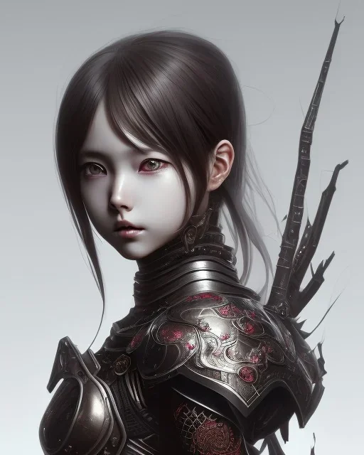 Detailed anime baby girl, dark brown hair, black and red dragon scale armour, intricate details, full body portrait, keep head in frame, slight smile, black Japanese motif, concept art, highly detailed, digital painting, concept art, sharp focus, illustration, art by Yoji Shinkawa, WLOP and greg rutkowski and alphonse mucha and artgerm and yanjun Chen and Junji ito and Makoto Shinkai, HDR, octane render