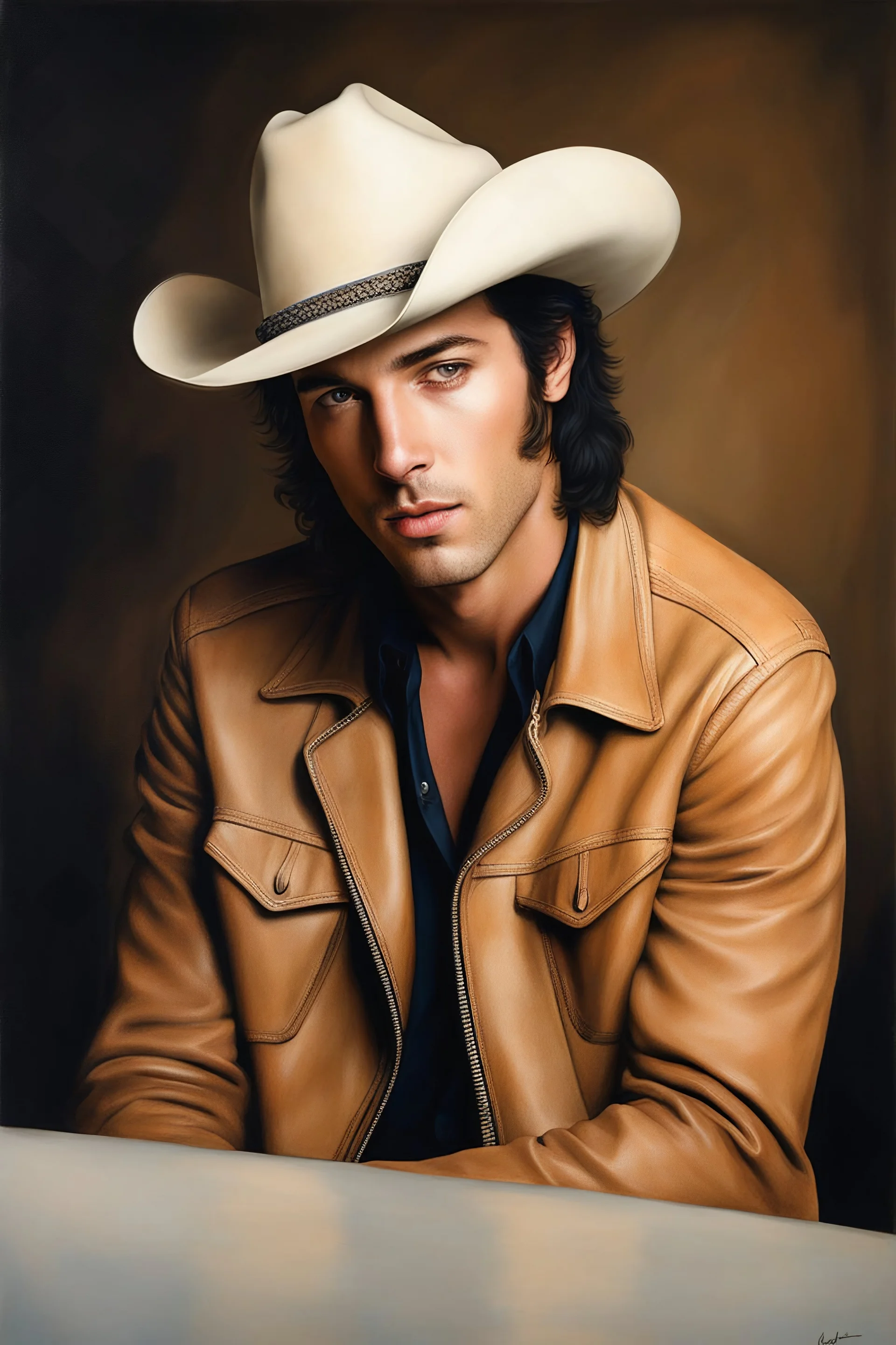 facial portrait, 18-year-old Elvis Paul Stanley Keanu Bernthal, cowboy hat, tan leather jacket, blue shirt, blue eyes, short hair, oil painting, elegant, highly detailed, centered, digital photograph, smooth, sharp focus,