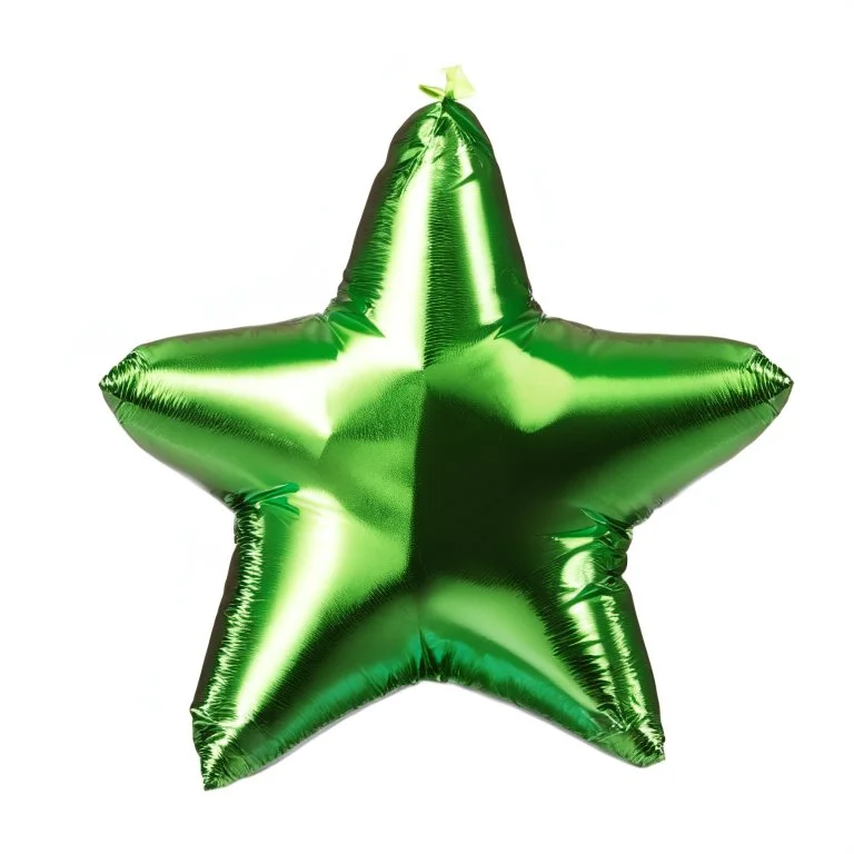 High resolution photograph of a inflated green star foil balloon