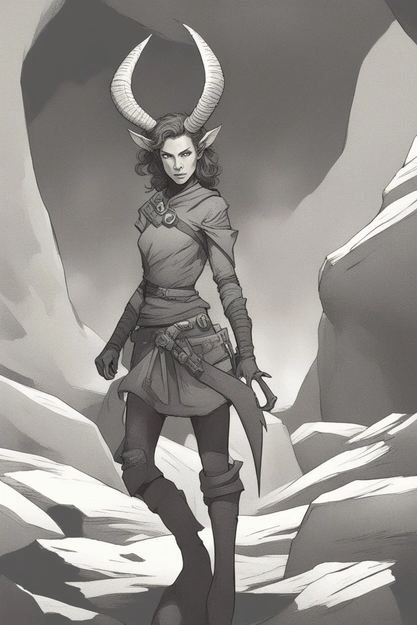 A DnD character. A female horned Tiefling ranger with pointy ears standing in a cave. The Tiefling has curly hair and a little pterosaurs on her shoulder.