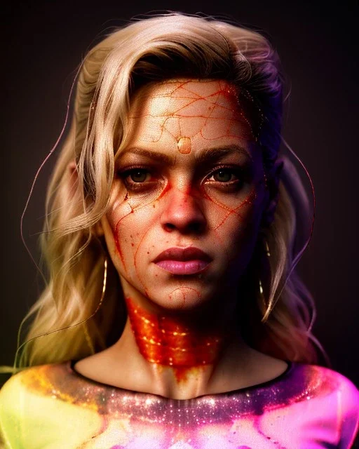 portrait, Shakira, blonde, angry, Realistic image, superhero, watchmen style, make-up, gold line make-up, sweat, fog, goddess style, Neon colors, leds. Black background, photo studio, concept art, smooth, unreal engine 5, god lights, ray tracing, RTX, lumen lighting, ultra detail, volumetric lighting, 3d, finely drawn, high definition, 4k.