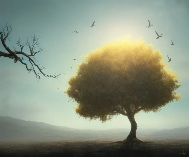 a beautiful digital painting of a marble tree entertwined in tumutluous clouds, intricate white branches and birds flying in the sunlight, blue sky at sunset, elegant, highly detailed, artstation, concept art, matte, sharp focus, art by tom bagshaw, kelogsloops and greg rutkowski