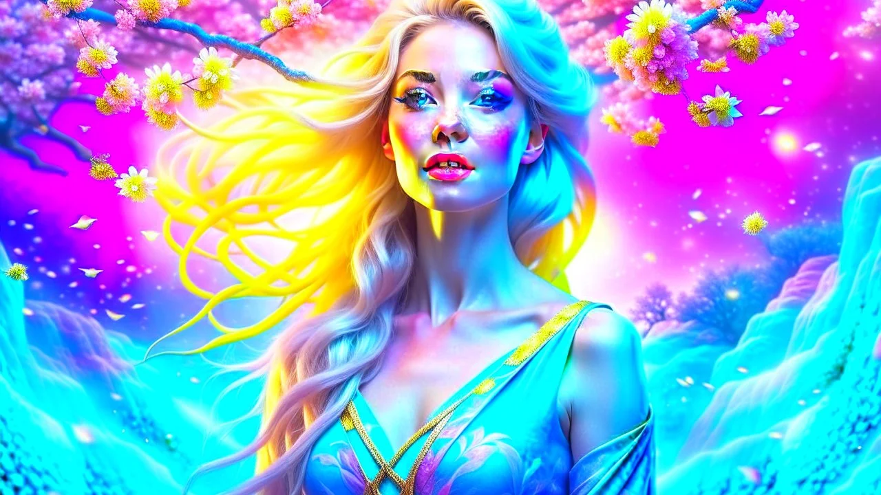 ((best quality)),((masterpiece)),ultra detailed background ((Cherry Blossoms)),(30 years old Sweedish gorgeous smiling woman), medium breast,wearing flowing dress, golden blue flowing hair glamour,(blue eyes),beautiful face,((white mists:1.4)),(pink dust:1.2),mysterious,mysteries of galactic universe,yellow lightnings,volumetric lightnings,dark and blurry background,