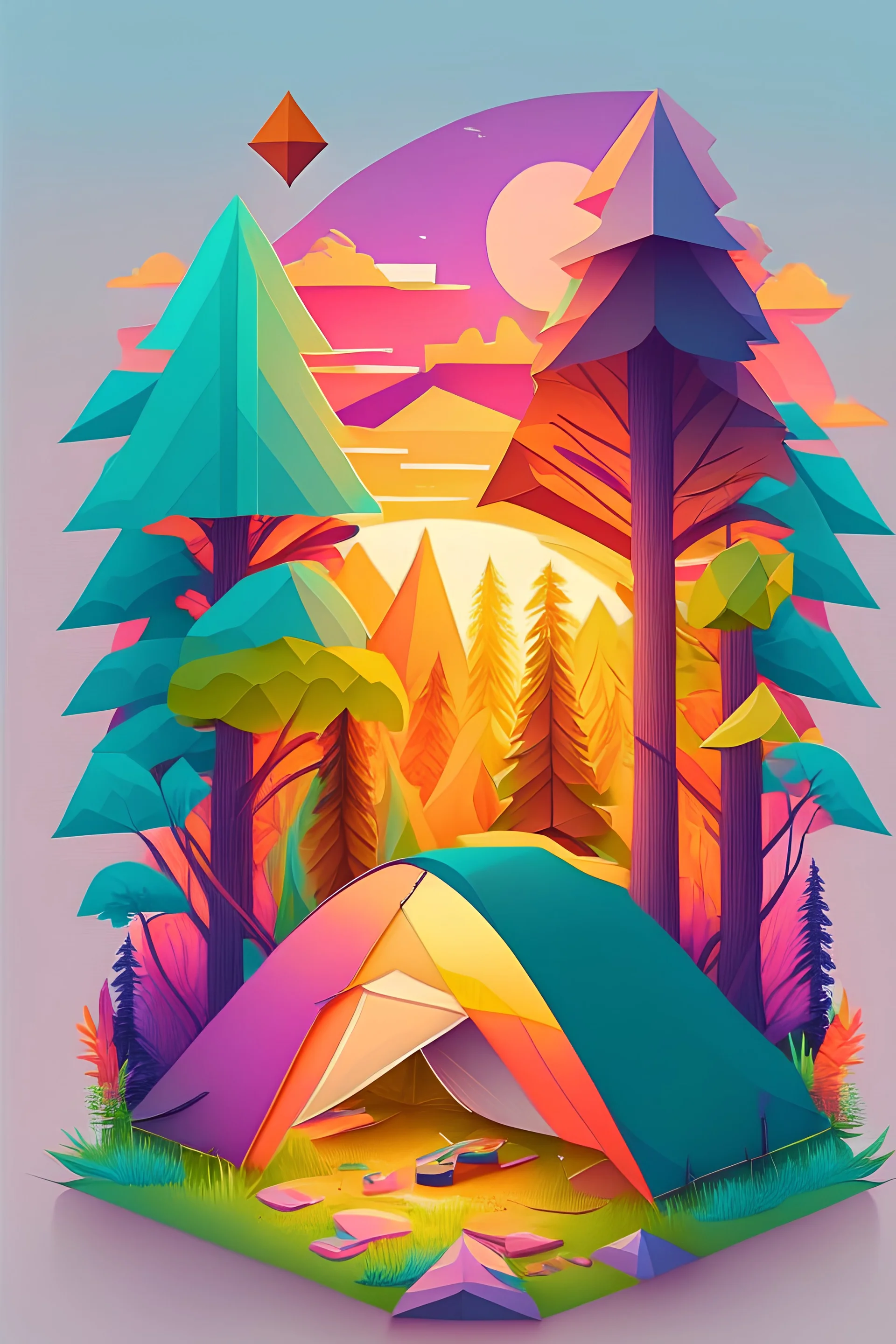 artwork of t-shirt graphic design, flat design of a lone tent in the lush forest, colorful shades, highly detailed clean, vector image, photorealistic masterpiece, professional photograph, simple sunrise backdrop for monster, flat white background, isometric, vibrant vector