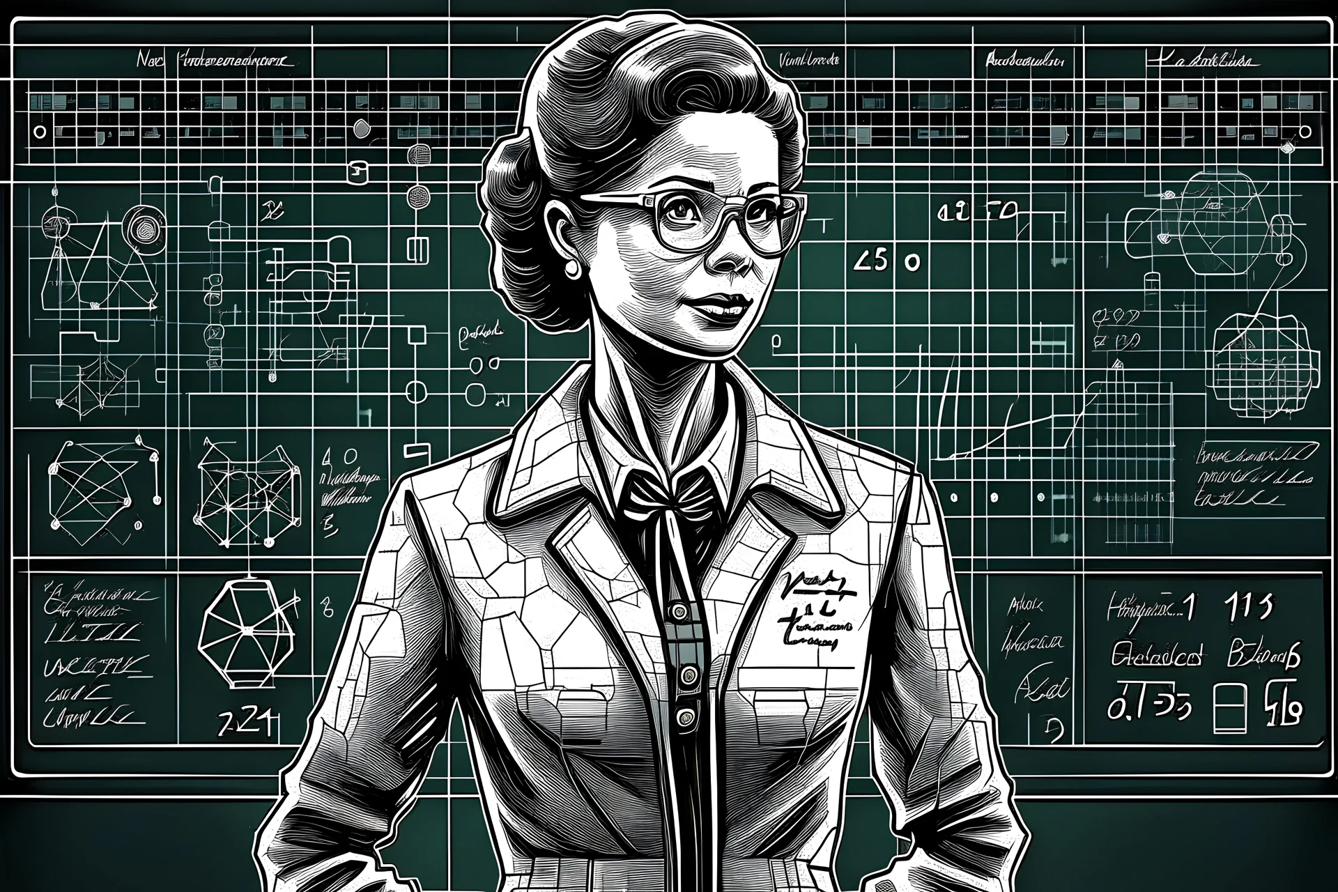 Create a realistic picture of an attractive woman scientist. She is standing in front of the blackboard. There are some Bayesian formulas written on the blackboard. It is set in the 50s; it is very realistic and aesthetically pleasing. Take a deep breath and use the uploaded image as a prompt.