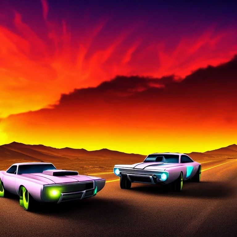 art deco, cyberpunk, two neon muscle cars, race, speed, desert road, sunset, full colour, hd,