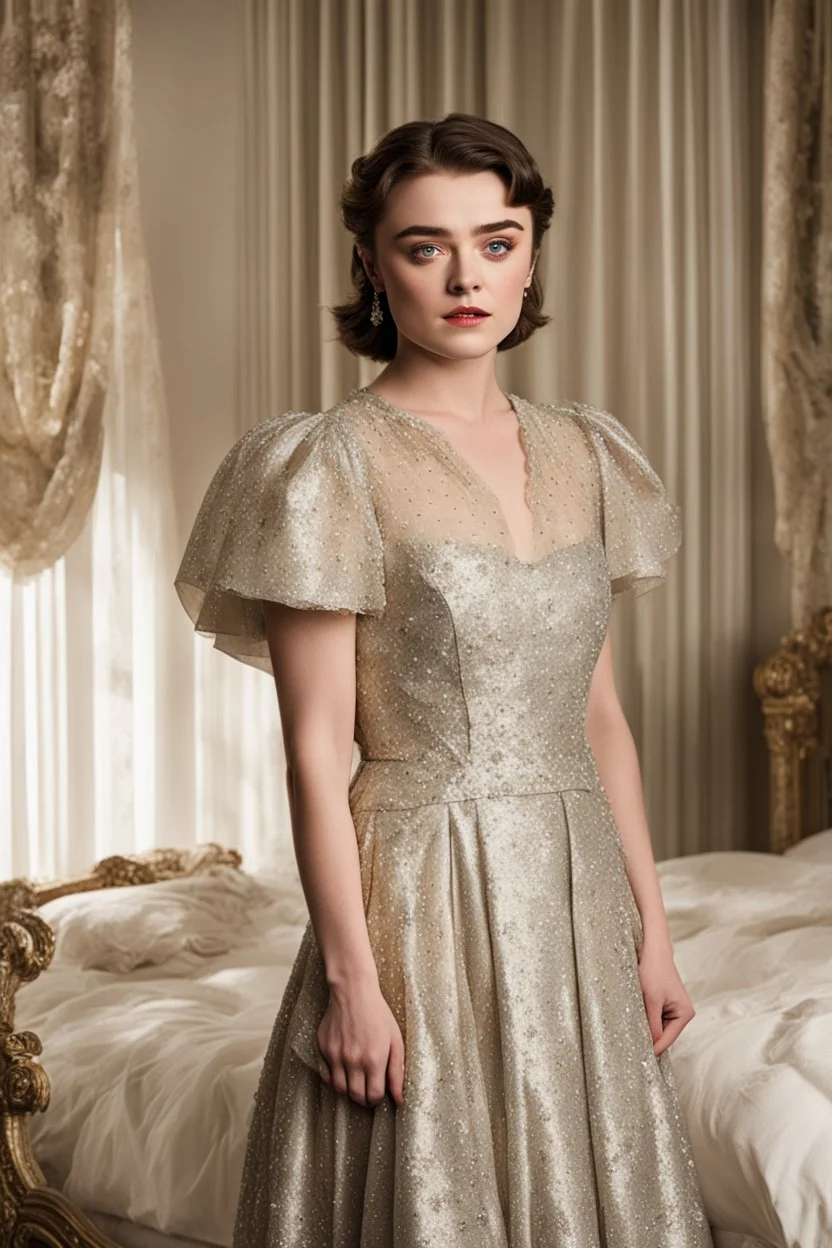 you find yourself captivated by the image of Maisie Williams, adorned in a vintage gown and exuding a sense of pride, standing confidently in front of a bed. The room is steeped in an air of nostalgia, transporting you to a bygone era. Maisie Williams, with a glimmer of determination in her eyes, stands before the bed, radiating an aura of elegance and confidence. Her vintage gown, adorned with delicate lace and flowing fabric, accentuates her grace and poise. And around her waist, a garnet belt