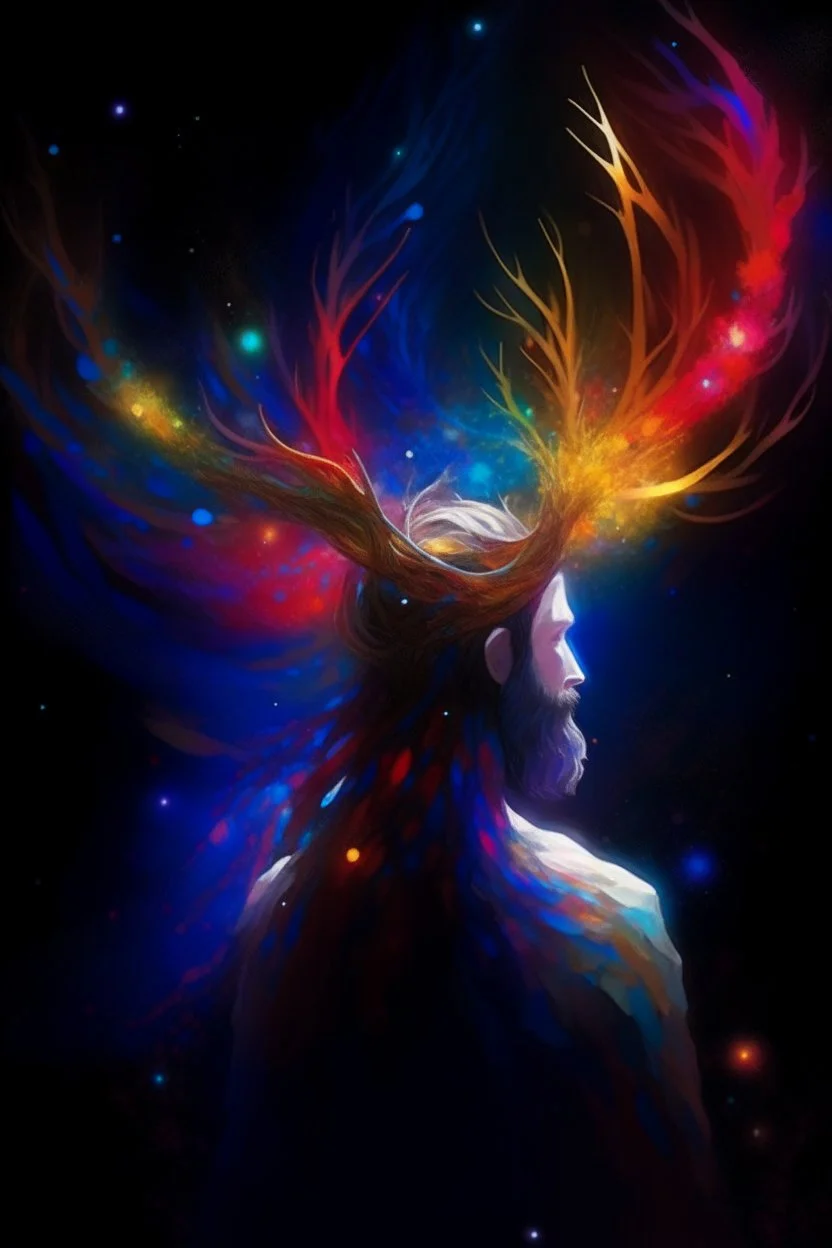 prismatic hair ethereal transparent prism astral projection Male antlers druid beard sparkling radiance prismatic shining starlight enshrouded dusk