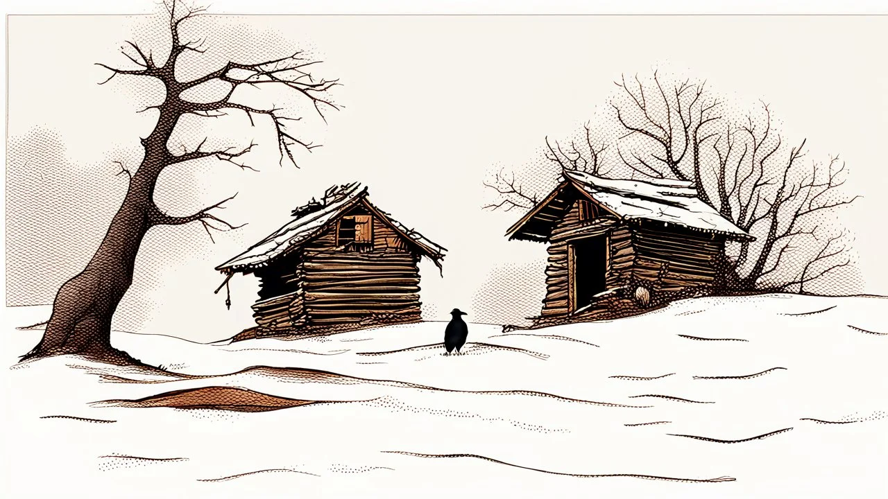 a lonely old adobe hut with worn adobe brown-gray wall and a small window, a crumbling roof, an old chimney stands on a hill, next to it is a small woodshed by the wall, and an old withered tree leans over the hut on thr old tree sitting a black crow, the hut stands on the edge of a European forest, winter, snowy landscape, low light, dawn, snow, high detailed, sharp focus, high realistic, perfect photo