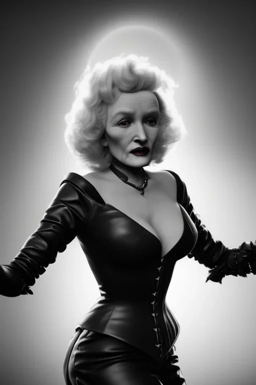 young Marlene Dietrich as evil queen in black leather gown, angry, busty, curvey, cleavage, unreal 5, octane render,cinema4d, dynamic lighting, dramatic lighting, 4k, redshift render, highly detailed, hyper realistic