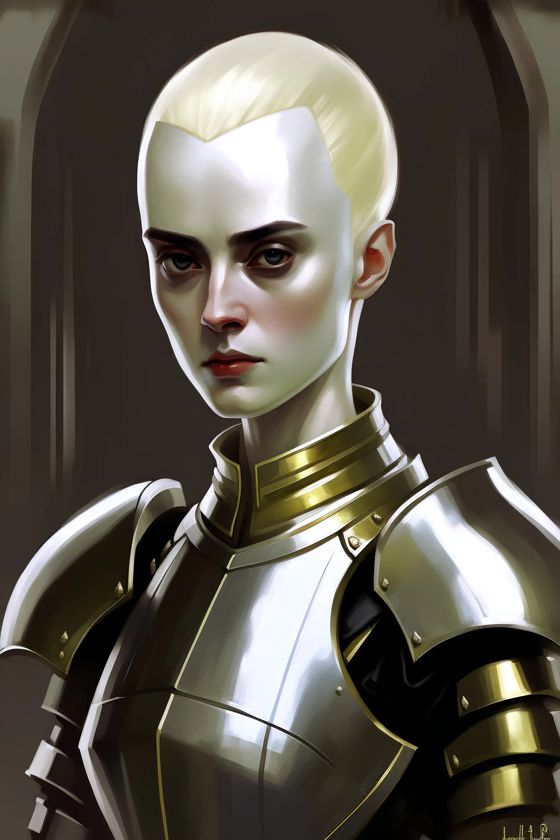 Full size painting, slender sweet 22-year old blonde female with grey eyes, shaved head, wearing armour