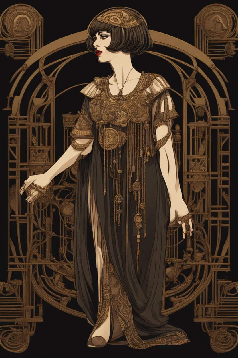 Full Body, Art Nouveau Woman With A Bob With A Fringe Hairstyle, Cleopatra Clothing, Steampunk, Black Background