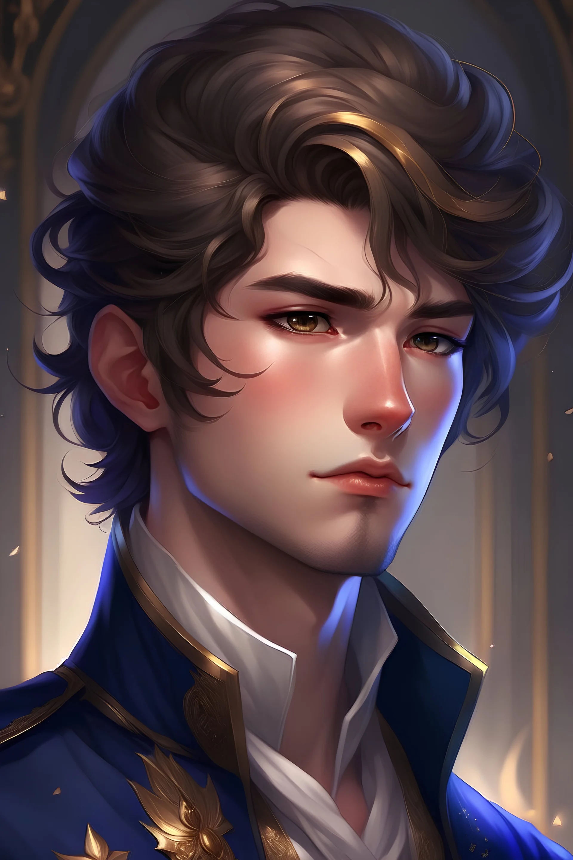 An extremely handsome prince, portrait, semi realism, anime male protagonist, book cover, looking cool and fierce, hair up, full view