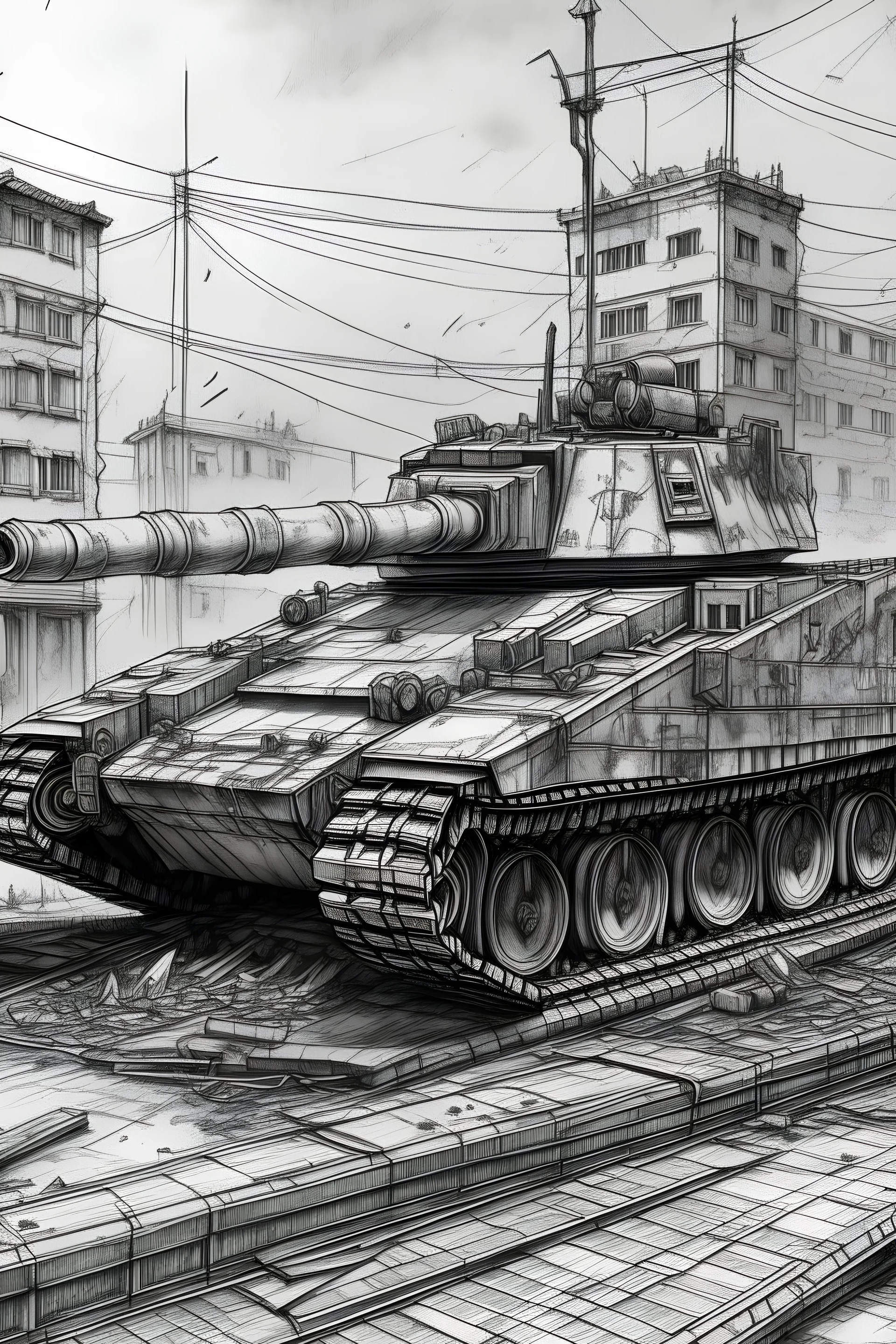 A destroyed tank T-72 in city, pencil drawing