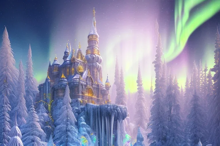  white and gold crystal castle，waterfall, winter snow flakessnow, northern Lights, full of details, smooth, bright sunshine，soft light atmosphere, light effect，vaporwave colorful, concept art, smooth, extremely sharp detail, finely tuned detail, ultra high definition, 8 k, unreal engine 5, ultra sharp focus