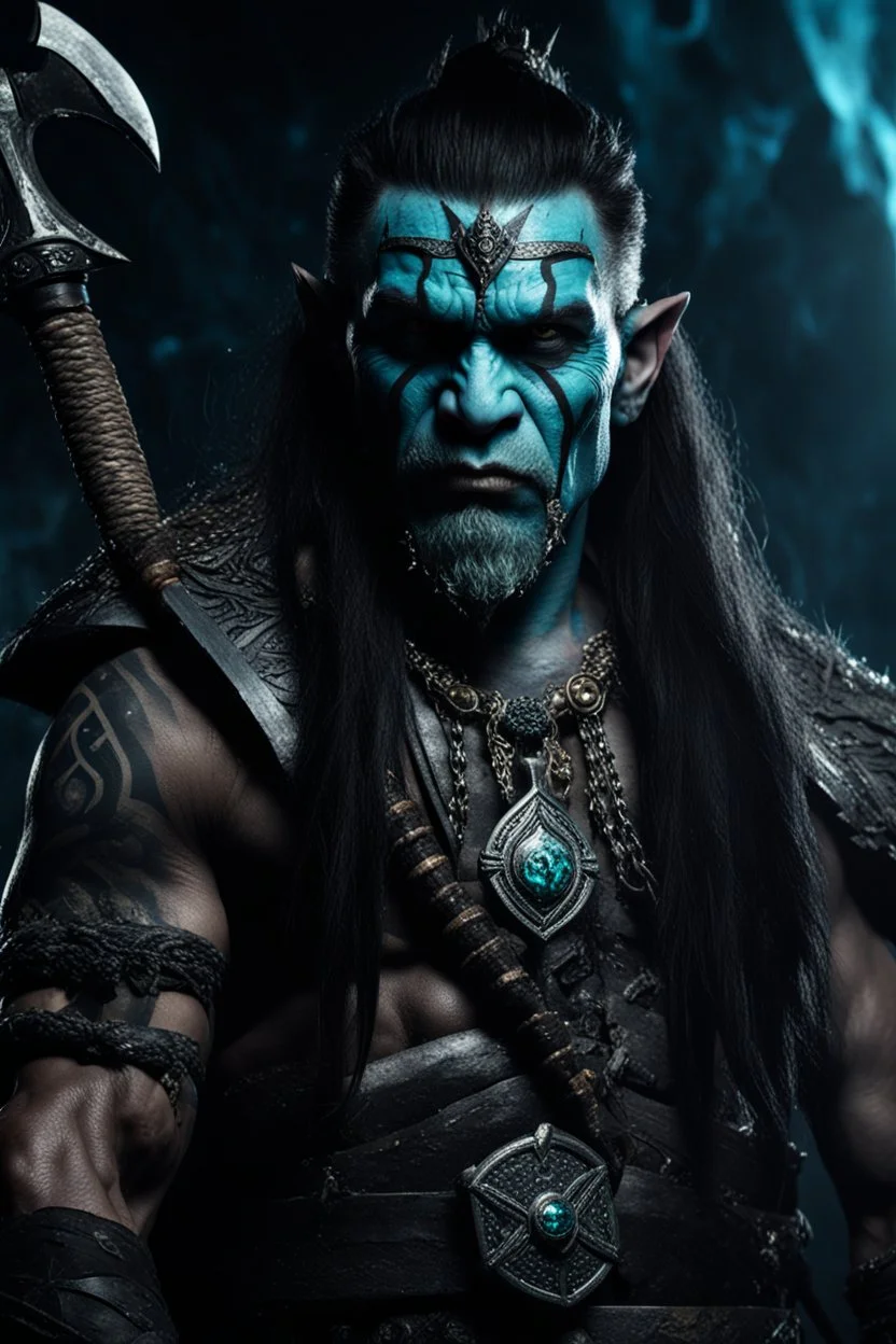 portrait of an orc king with grey skin. Tribal Tattoo. Dark braided hair and ice blue eyes. He's smirking. Half of his head is shaved. wearing jewellery. Carrying a battleaxe. High resolution. 4K. 8K. Dark Fantasy style. Cave in the background