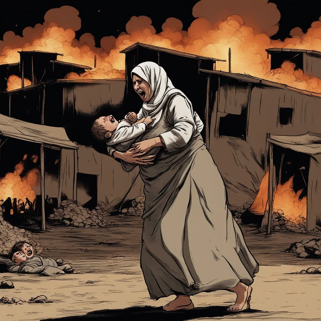 A Palestinian woman wearing the Palestinian dress carries her dead son as she screams and cries at night, with explosions in refugee tents behind her.